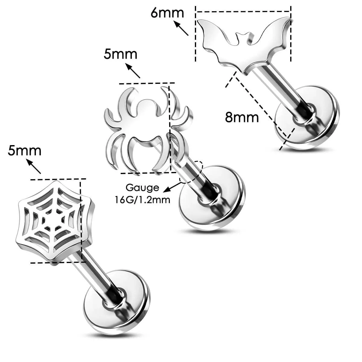 16G 3PCS Flat Spider Web/Bat/Spider Internally Threaded Labret Studs Set