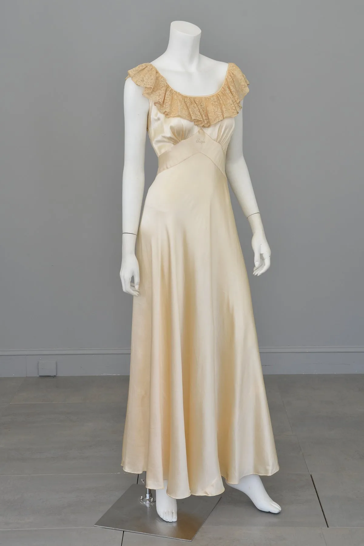 1930s Cream Silk Satin Lace Gown | Lace Flounce Negligee Gown Slip Suzie Dress