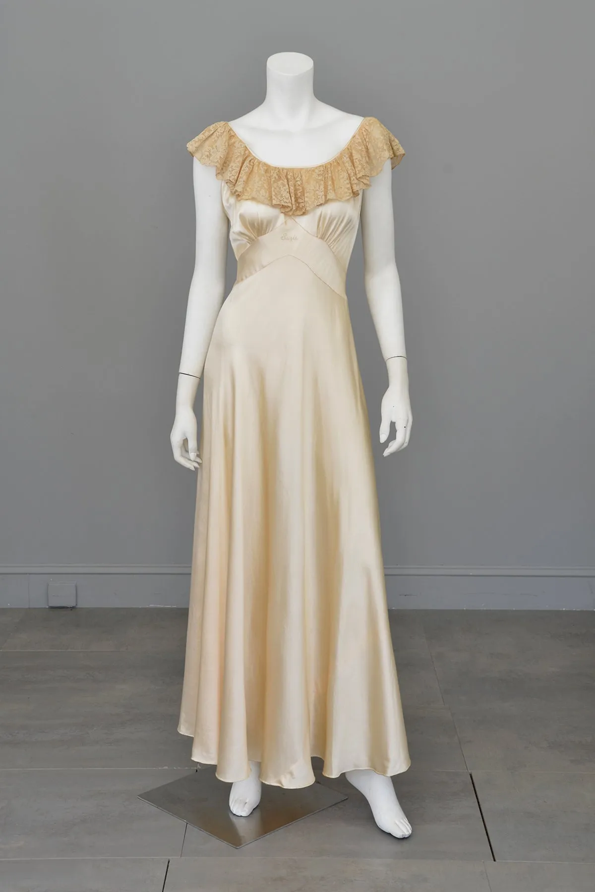 1930s Cream Silk Satin Lace Gown | Lace Flounce Negligee Gown Slip Suzie Dress