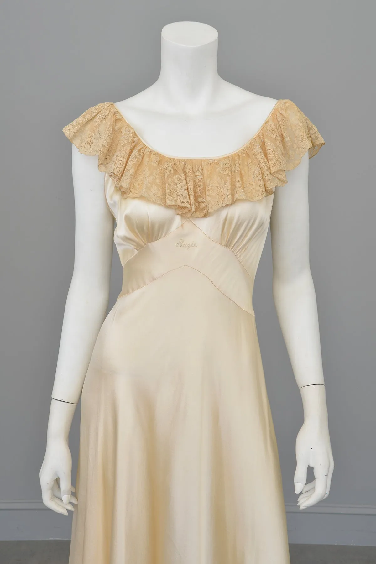 1930s Cream Silk Satin Lace Gown | Lace Flounce Negligee Gown Slip Suzie Dress