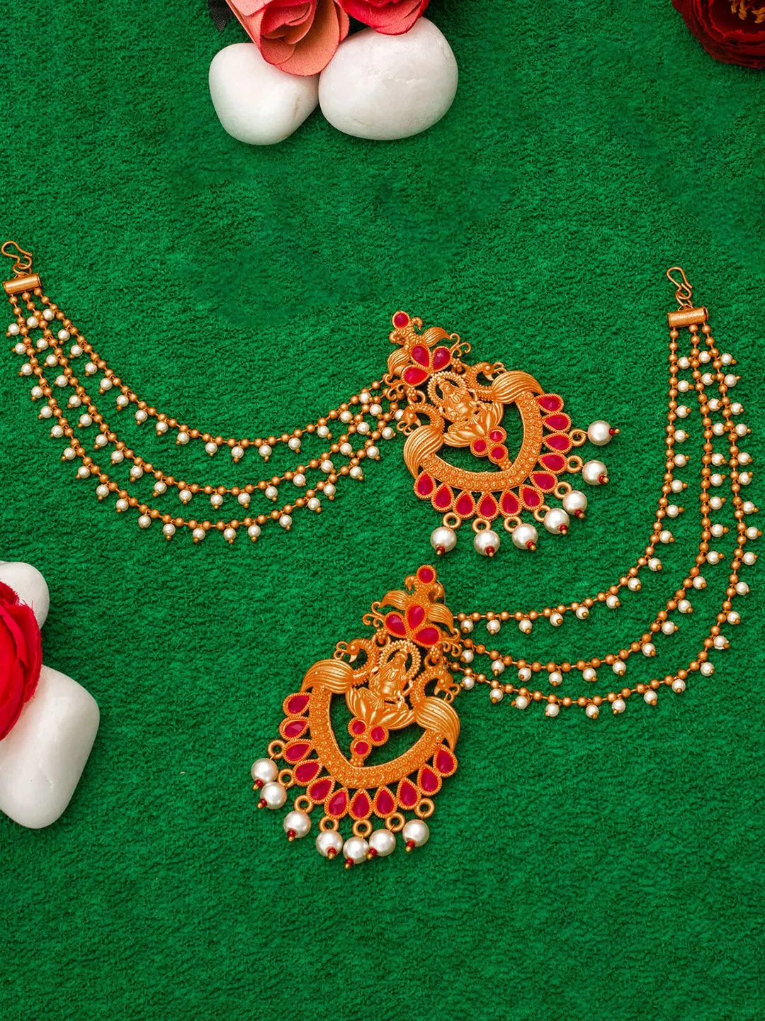 Aadita Red Gold-Toned & White Pearls Studded Contemporary Drop Earrings With Hair Chain