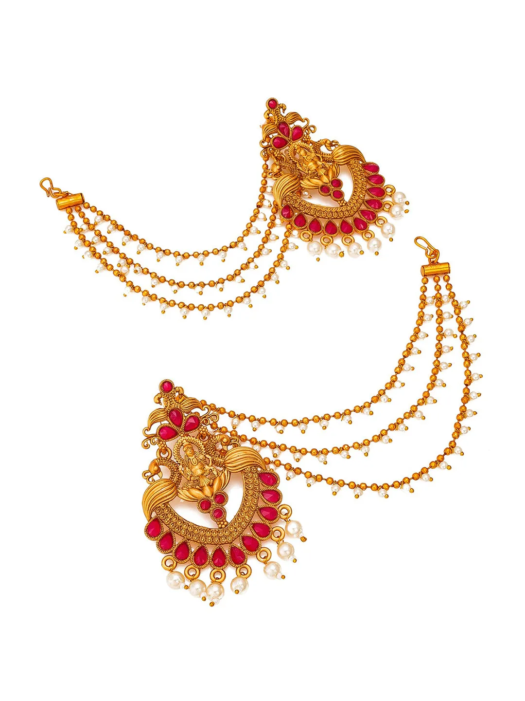 Aadita Red Gold-Toned & White Pearls Studded Contemporary Drop Earrings With Hair Chain