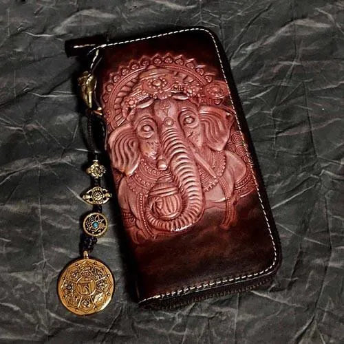 Badass Black Leather Men's Long Biker Handmade Wallet Ganesha Tooled Zipper Chain Long Wallets For Men