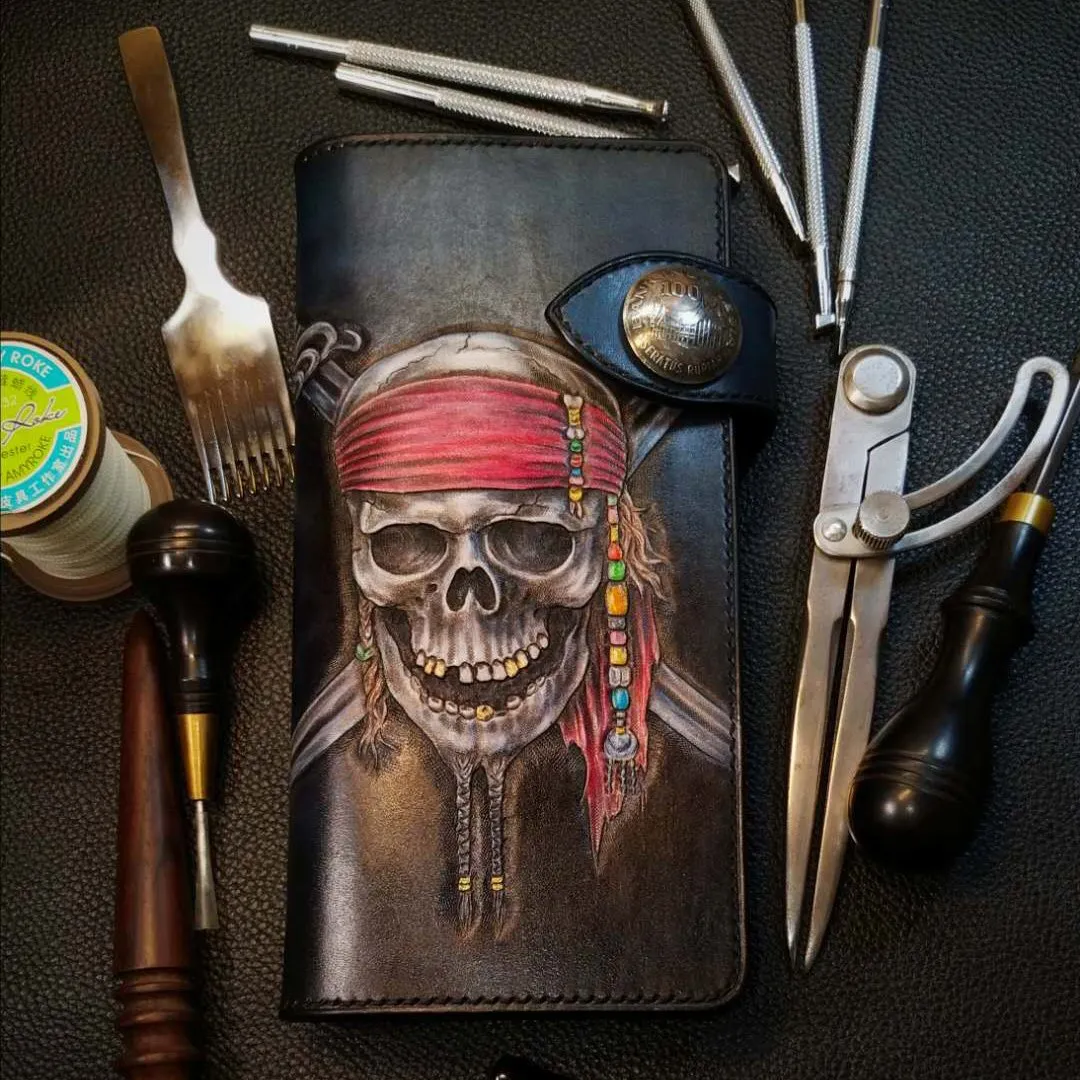 Badass Leather Men's Pirate Skull Long Biker Wallet Handmade Tooled Biker Chain Wallets For Men