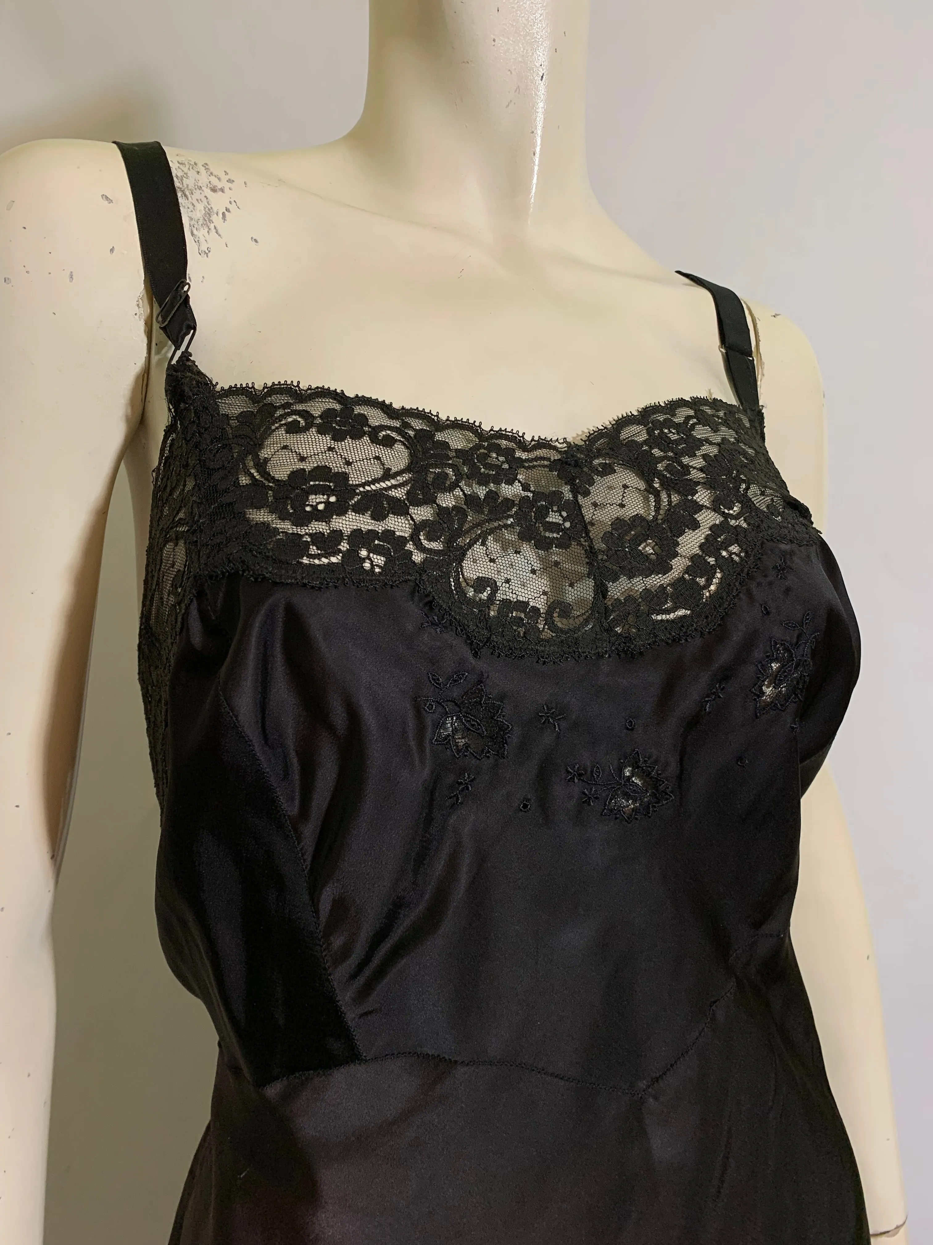 Black Satin Embroidered Full Slip circa 1940s 40