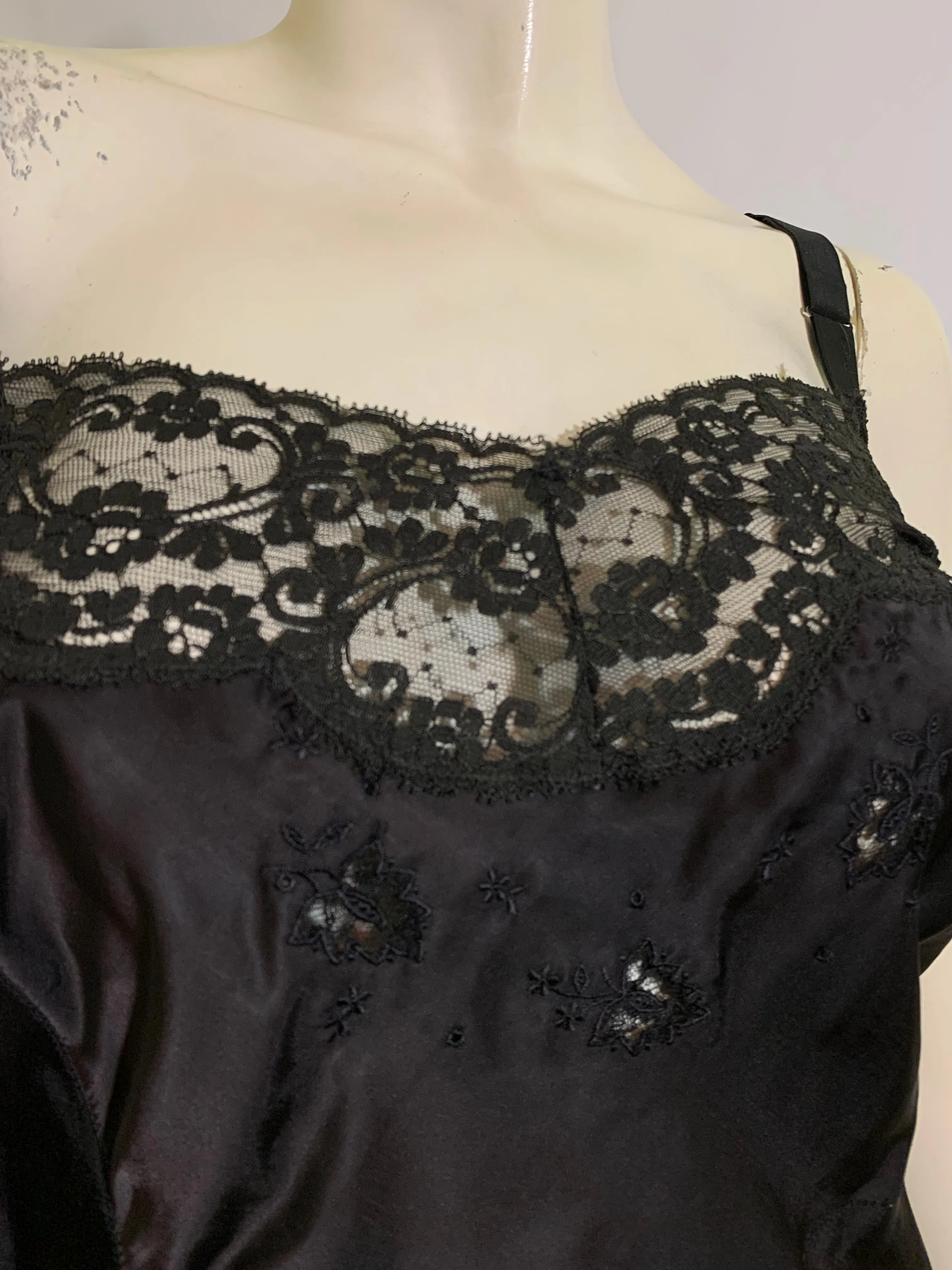 Black Satin Embroidered Full Slip circa 1940s 40