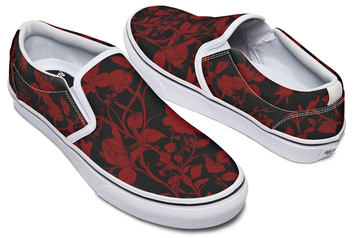 Blood Rose Romance Slipons - Comfortable Vegan Canvas Shoes with Easy Elastic In-Step