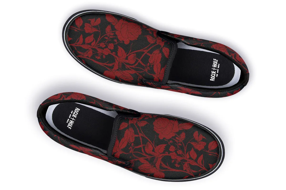 Blood Rose Romance Slipons - Comfortable Vegan Canvas Shoes with Easy Elastic In-Step