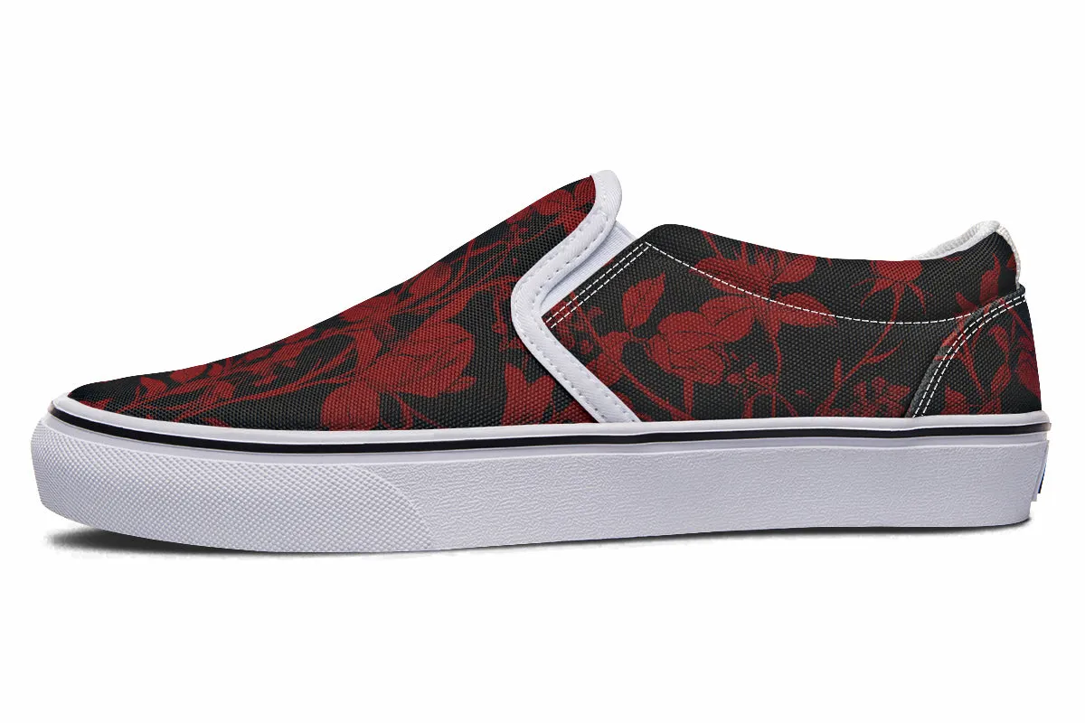 Blood Rose Romance Slipons - Comfortable Vegan Canvas Shoes with Easy Elastic In-Step