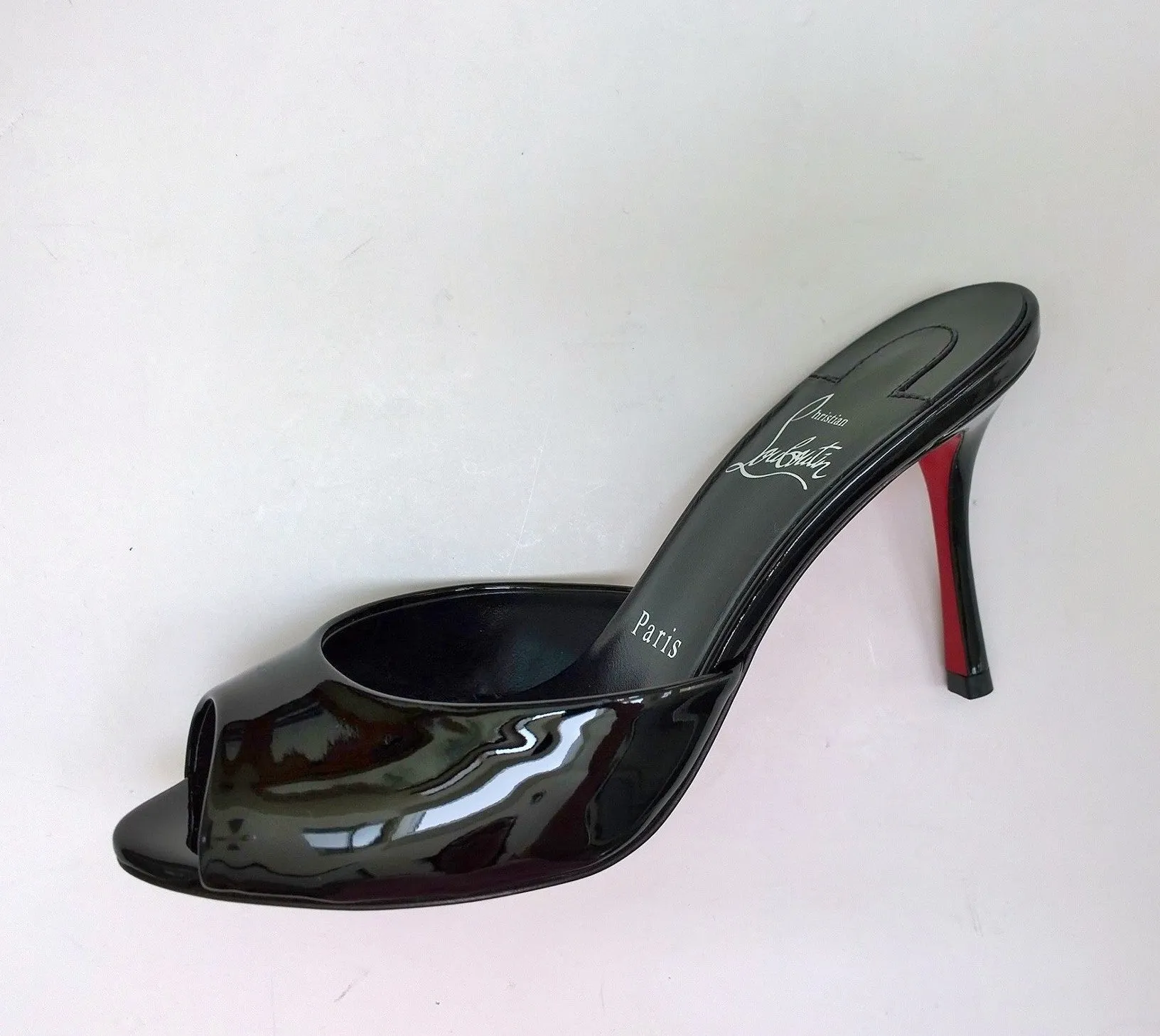 Christian Louboutin Me Dolly 85 Black Patent Peep Toe Heels Sandals Slides