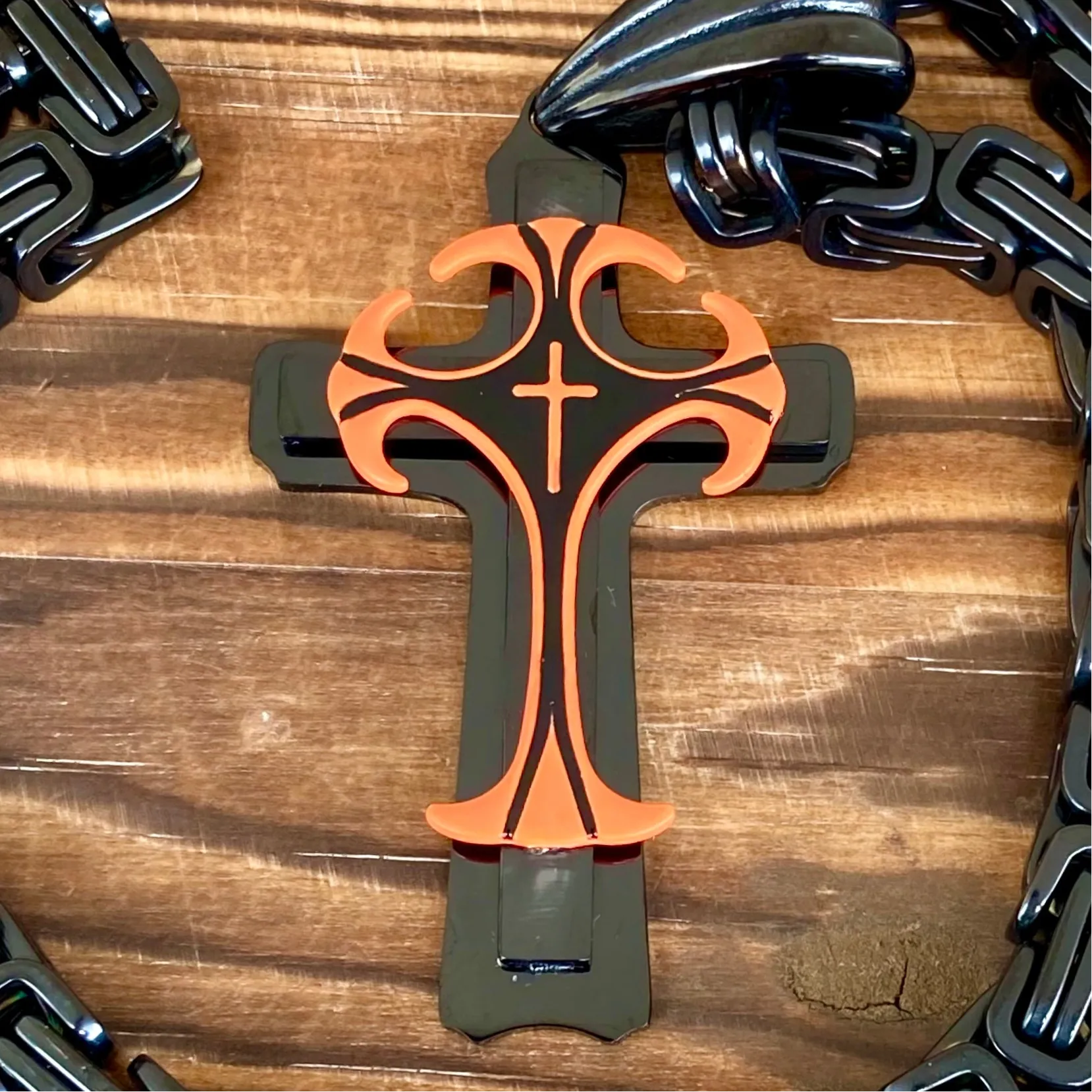 Cross - Risen Cross Orange & Black Pendant - Necklace - PEN828