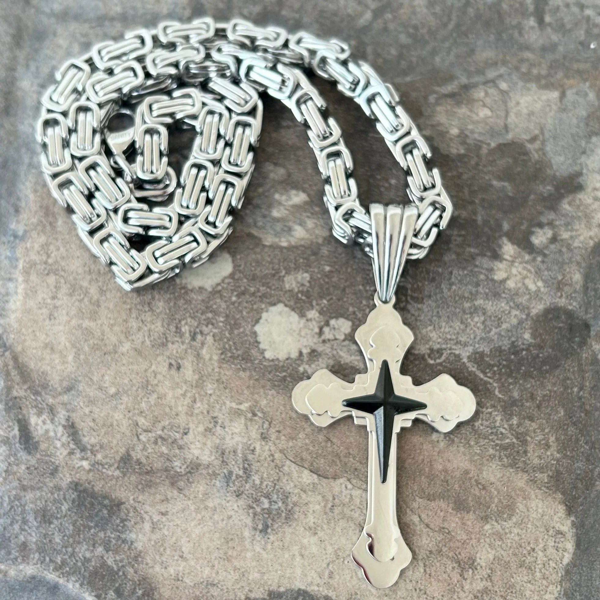 Cross - Silver & Black Cross Pendant - Necklace SLC477 CLEARANCE