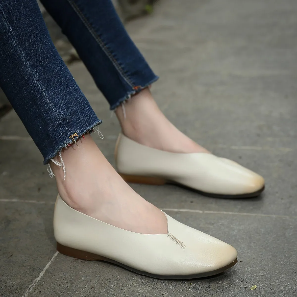 Designer Shoes Genuine Leather Slip-on For Women Handmade Flats Brown/White