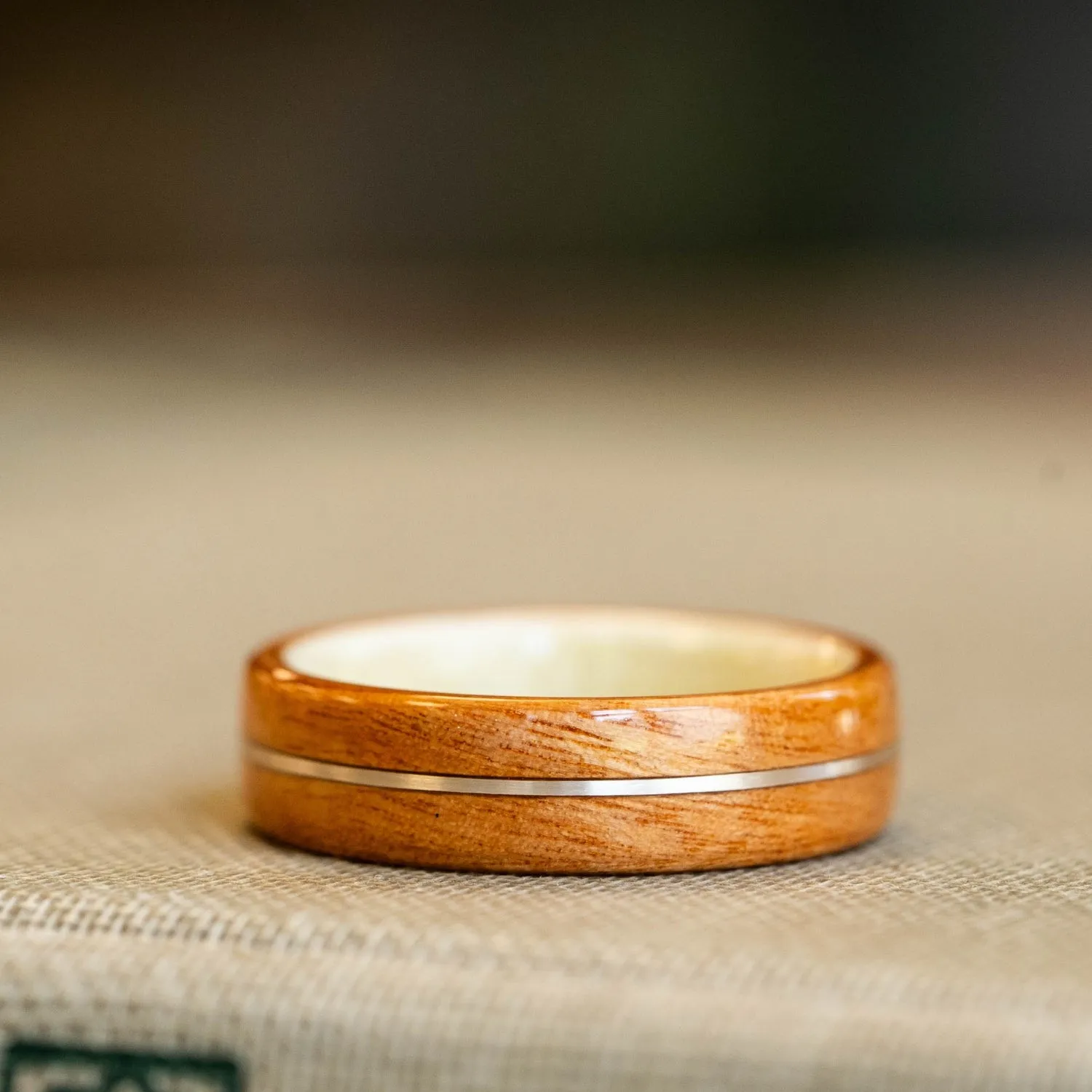 (In-Stock) Pink Ivory Wooden Ring & Holly Liner with Centered Sterling Silver - Size 6 / 6mm Wide