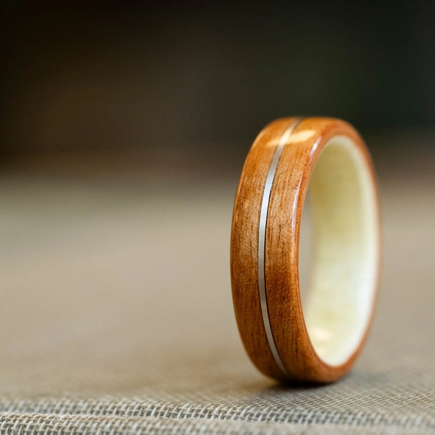 (In-Stock) Pink Ivory Wooden Ring & Holly Liner with Centered Sterling Silver - Size 6 / 6mm Wide