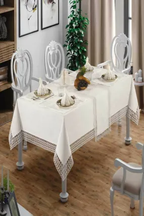 Luxurious Tablecloth Set Linen-Like Material with Faux Pearls and Lace Edging