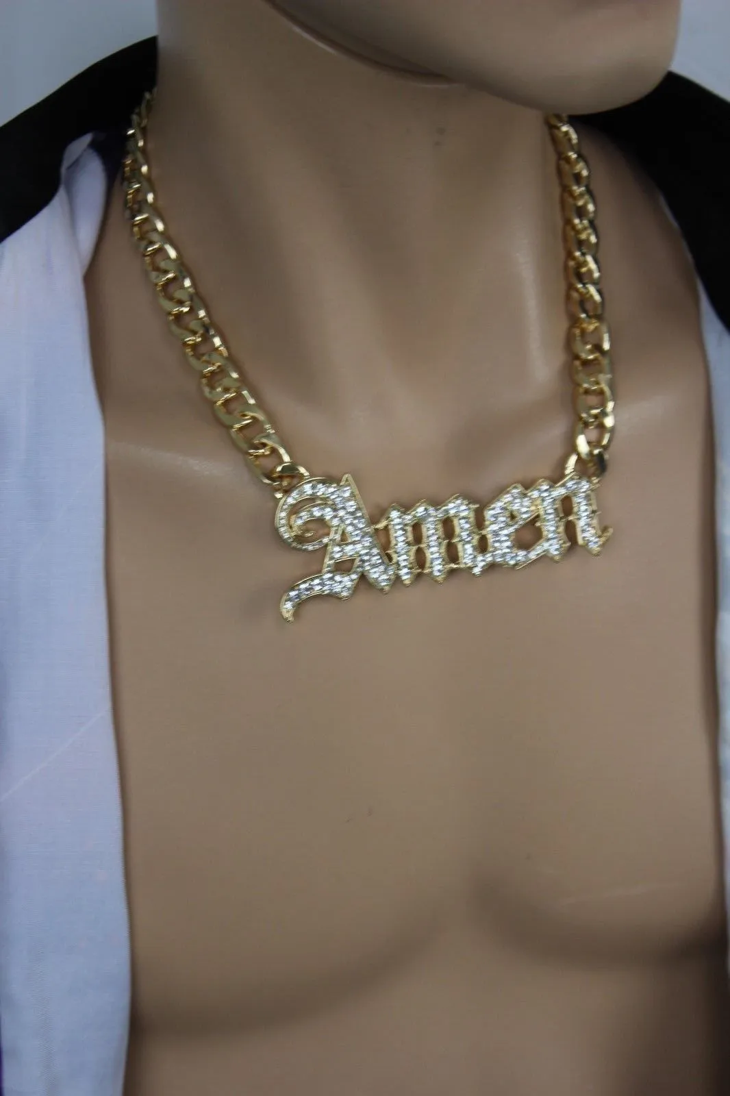 Men Necklace Gold Metal Chains Amen 3D Long Pendant Bling Hip Hop Big Jewelry