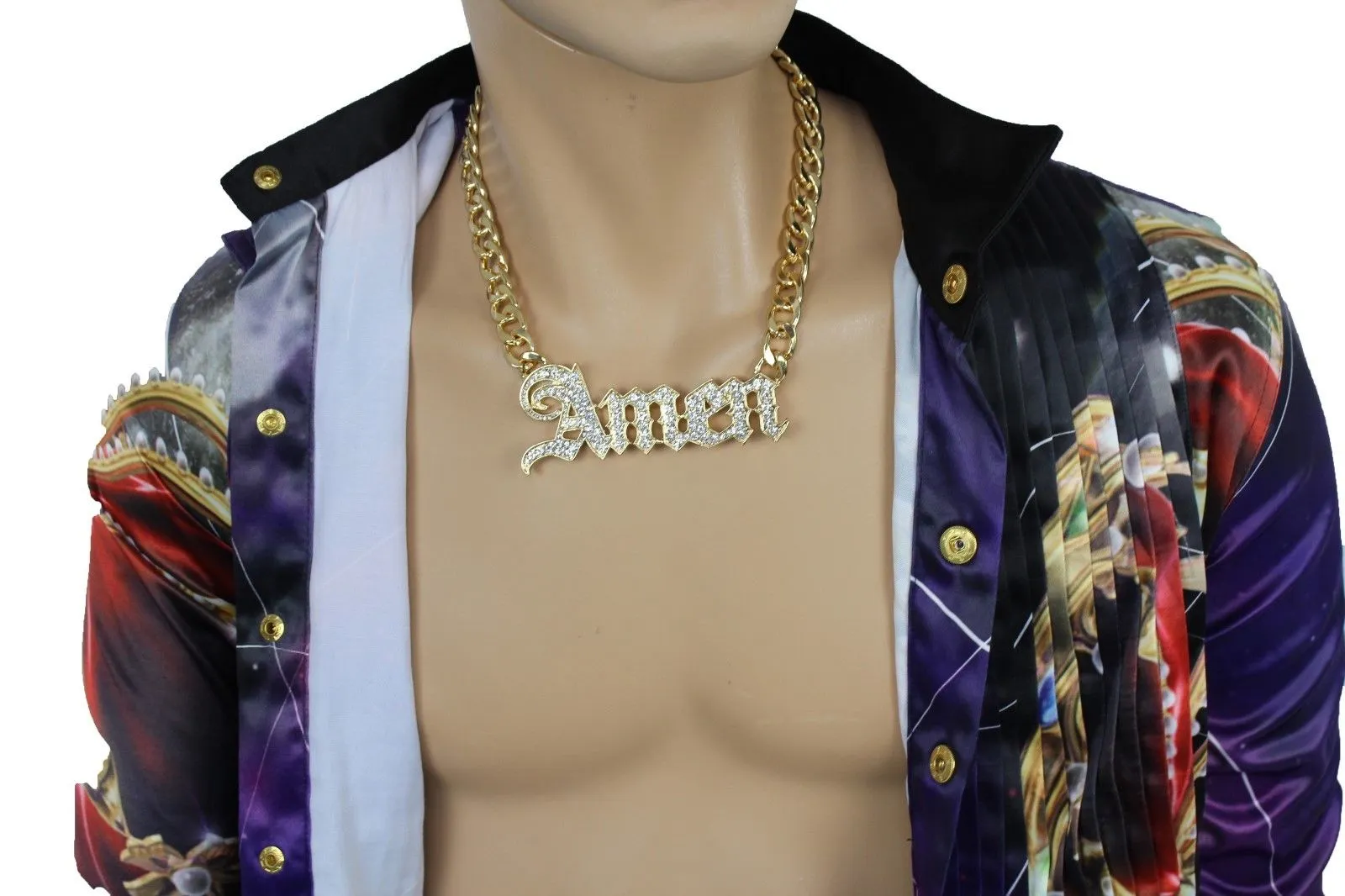 Men Necklace Gold Metal Chains Amen 3D Long Pendant Bling Hip Hop Big Jewelry