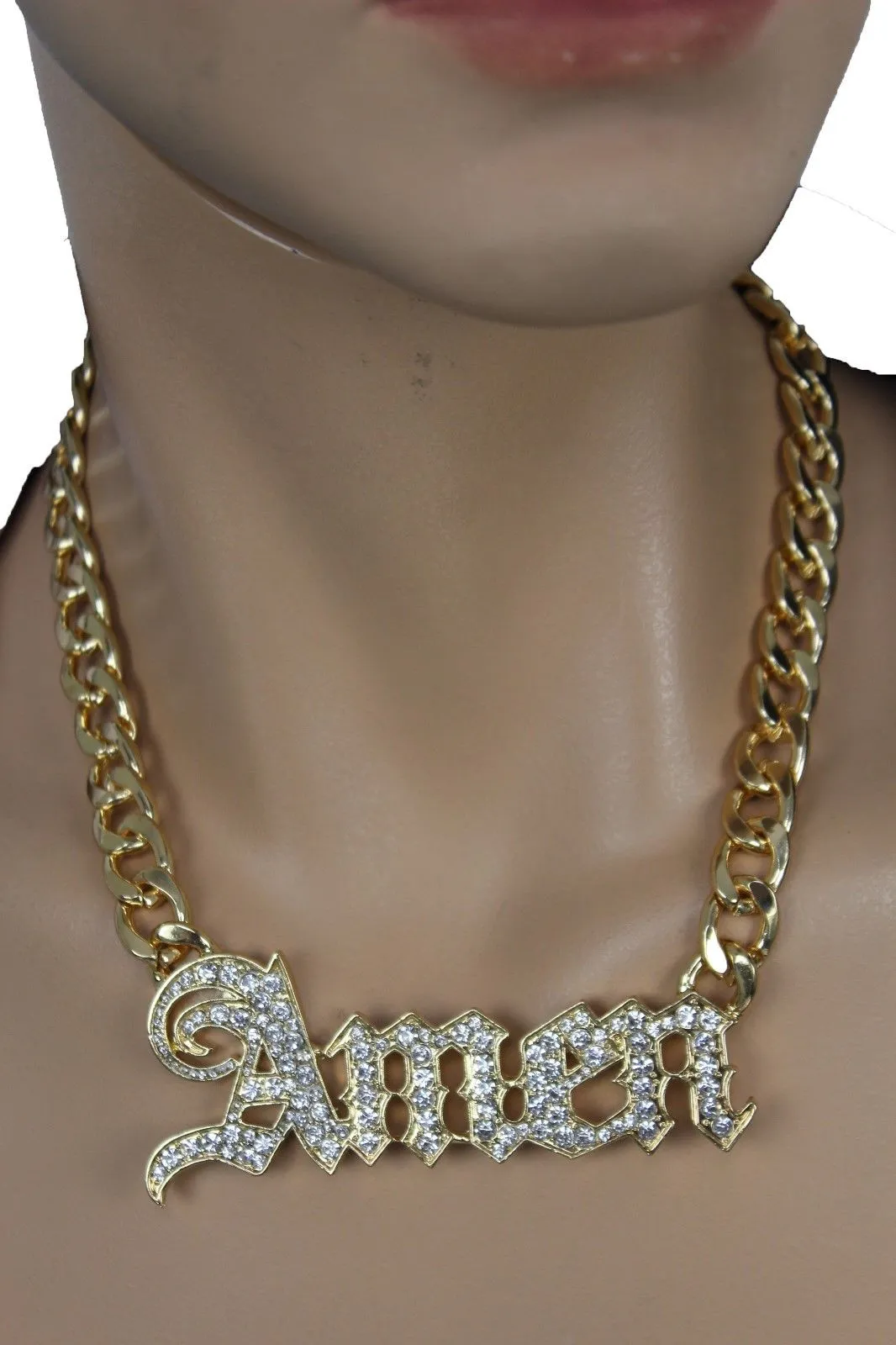 Men Necklace Gold Metal Chains Amen 3D Long Pendant Bling Hip Hop Big Jewelry