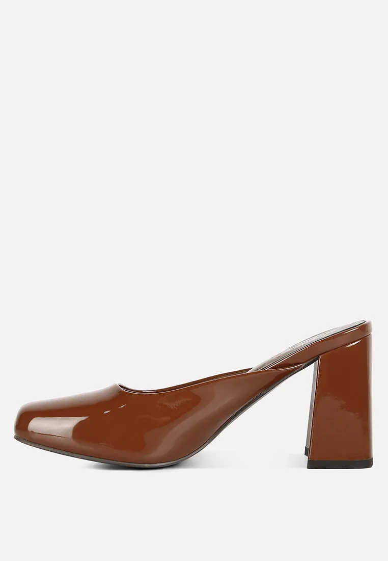 NEOPLAST Brown Patent PU Block Heeled Mules