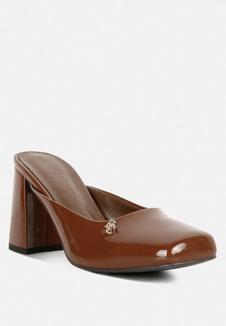 NEOPLAST Brown Patent PU Block Heeled Mules