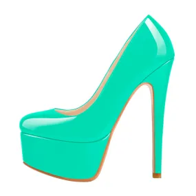 Patent Leather Rounde Toe Platform Green Stiletto High Heels Pumps