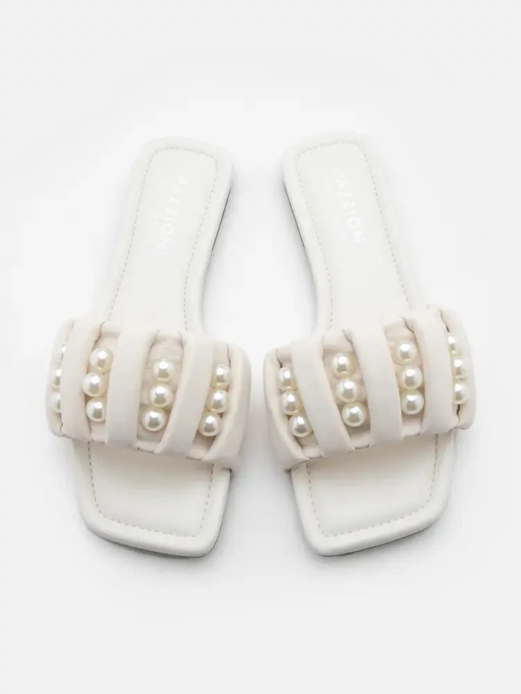 [SALE]Allie Pearl Embellished Strap Slide Sandals