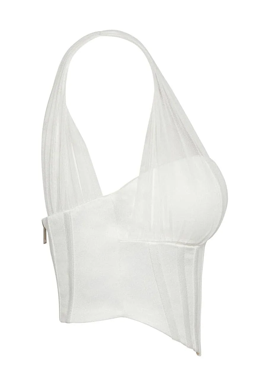 Siren Satin Corset Crop Top - White