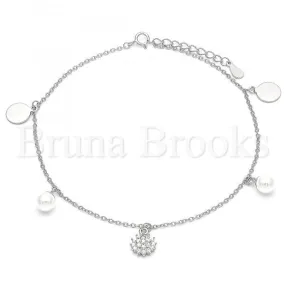 Sterling Silver 03.336.0052.10 Charm Anklet , with White Cubic Zirconia and Ivory Pearl, Polished Finish, Rhodium Tone