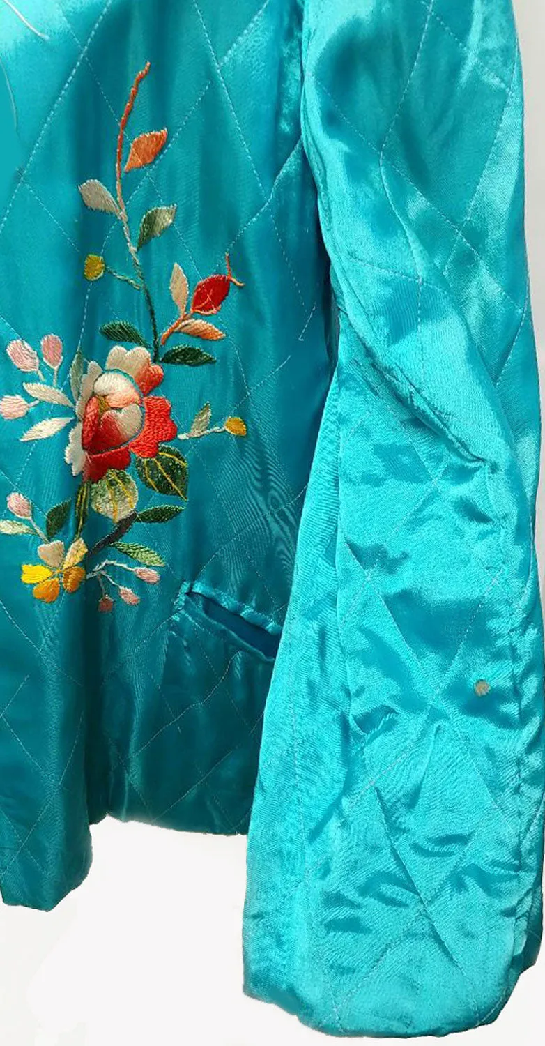 VINTAGE 50 60S ASIAN ORIENTAL TURQUOISE QUILTED JACKET WITH BEAUTIFUL FLORAL EMBROIDERY