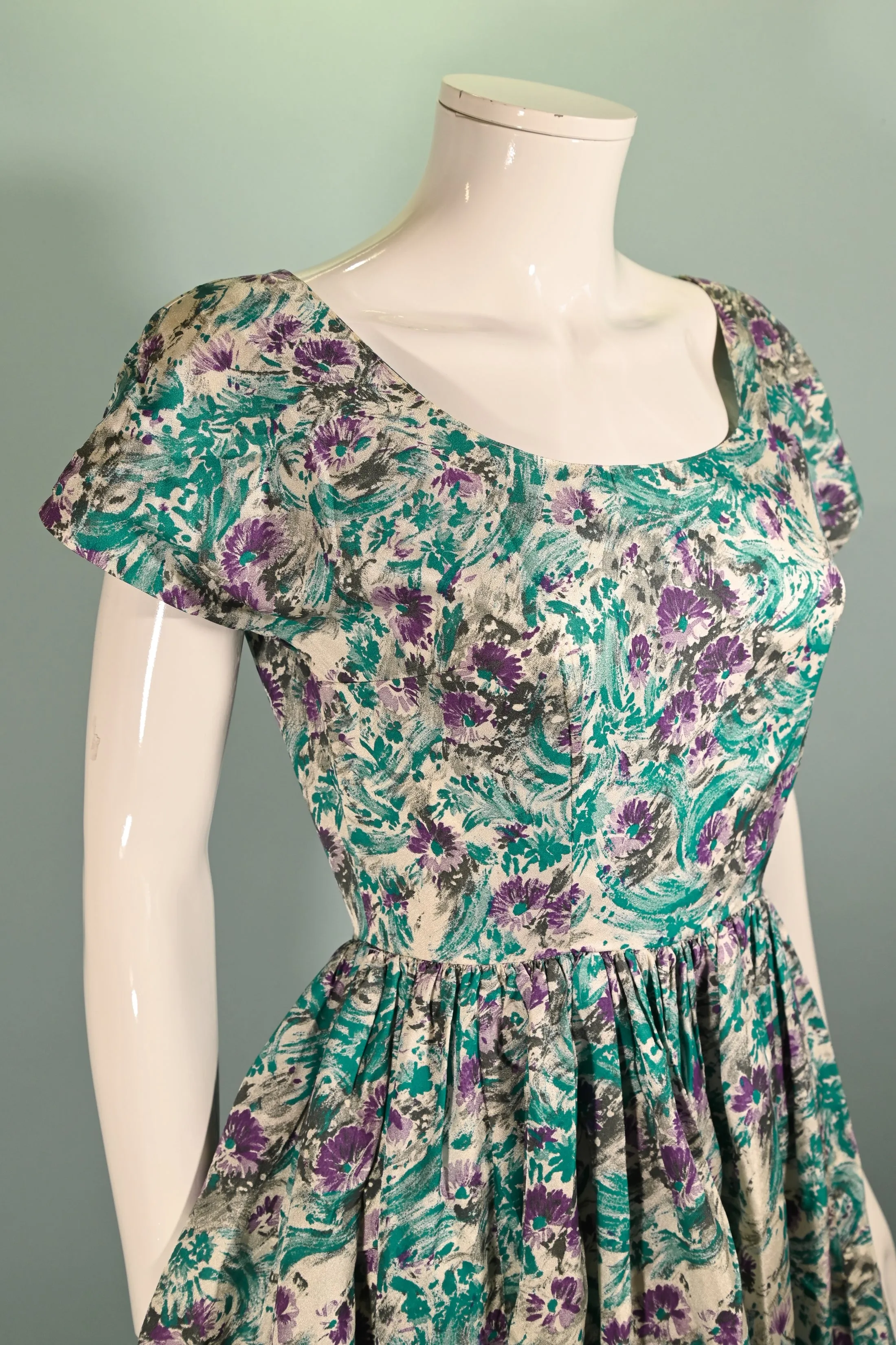 Vintage 50s Teal Purple Floral Dress, Fit and Flare Fitted 26" Waist