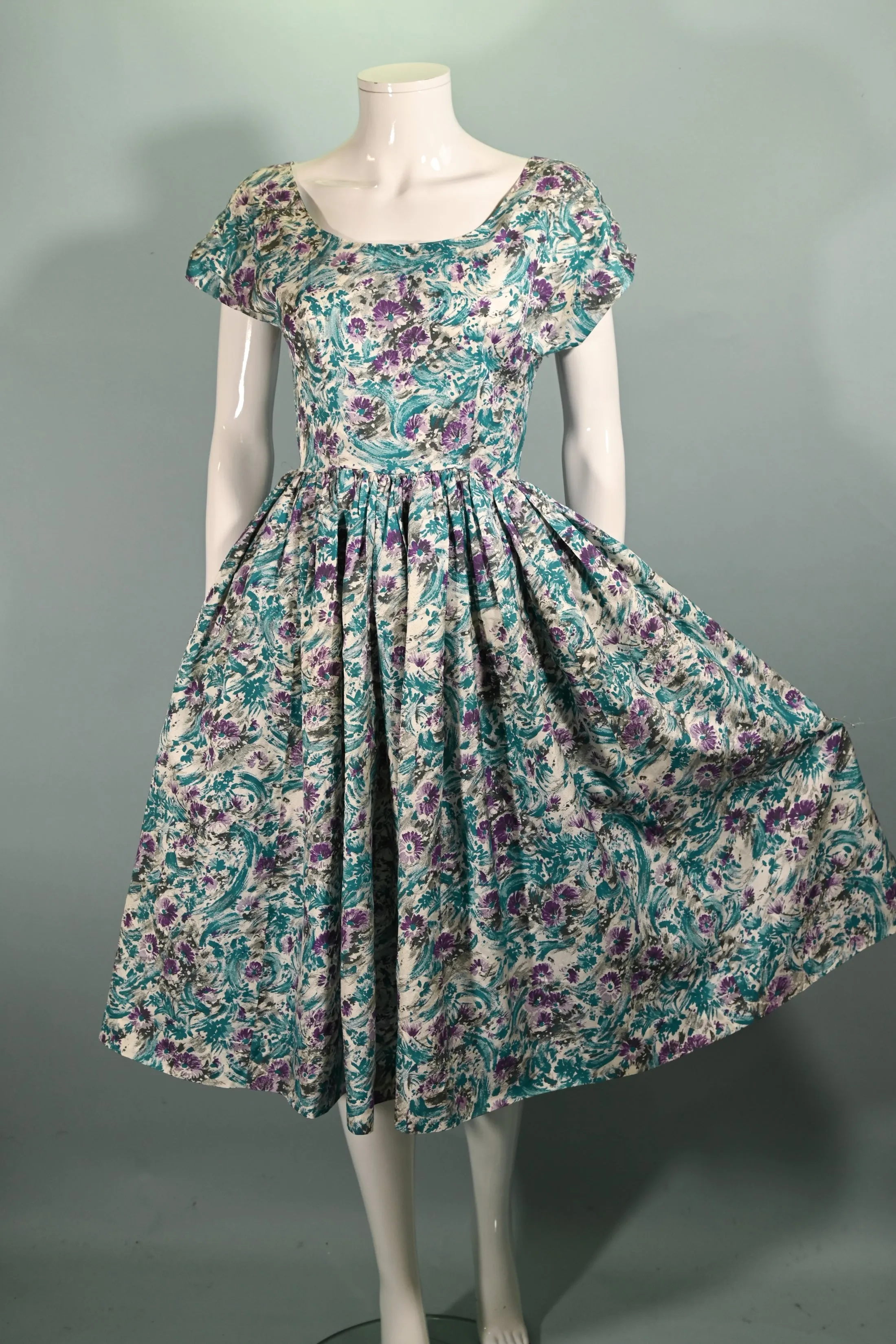 Vintage 50s Teal Purple Floral Dress, Fit and Flare Fitted 26" Waist