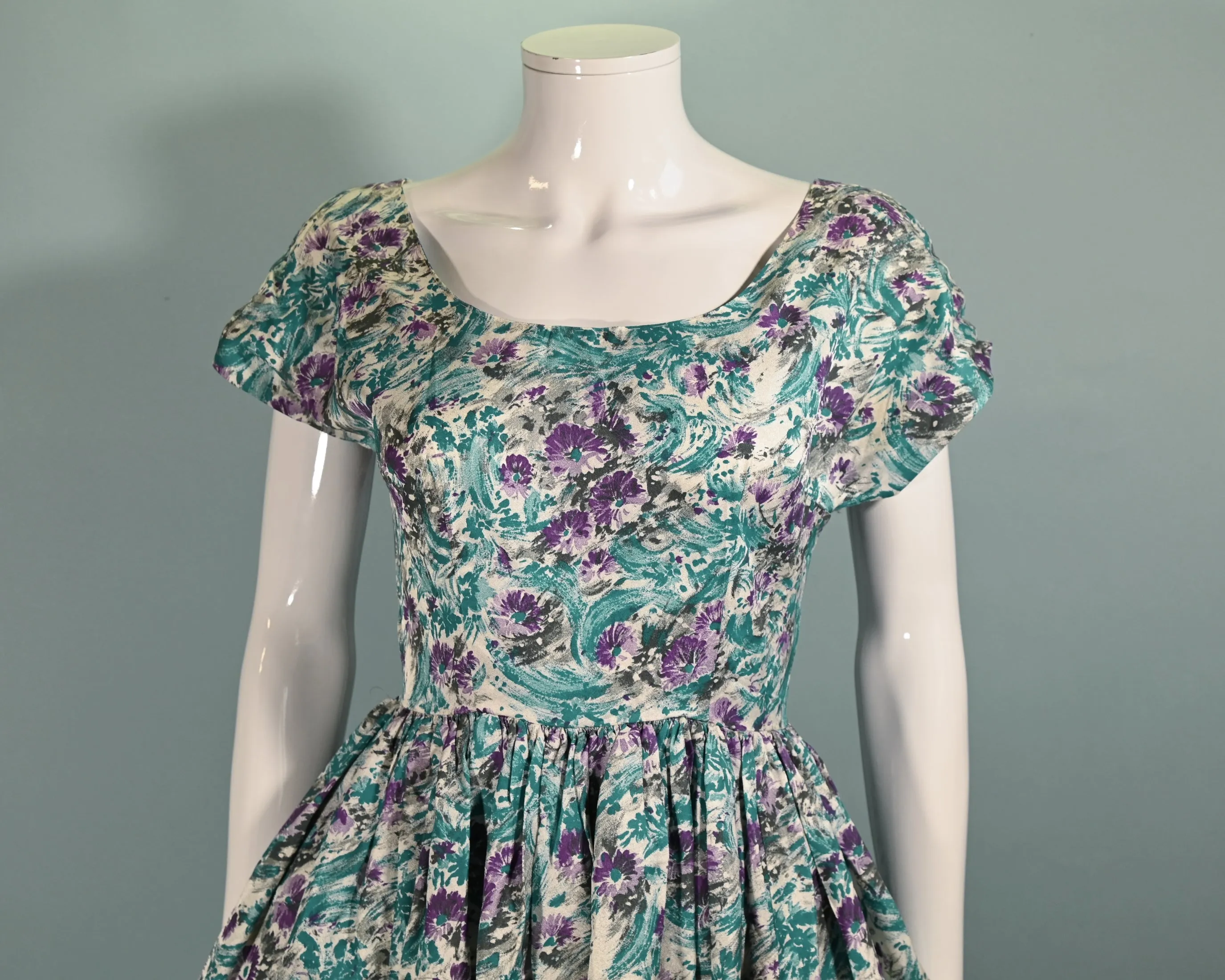 Vintage 50s Teal Purple Floral Dress, Fit and Flare Fitted 26" Waist