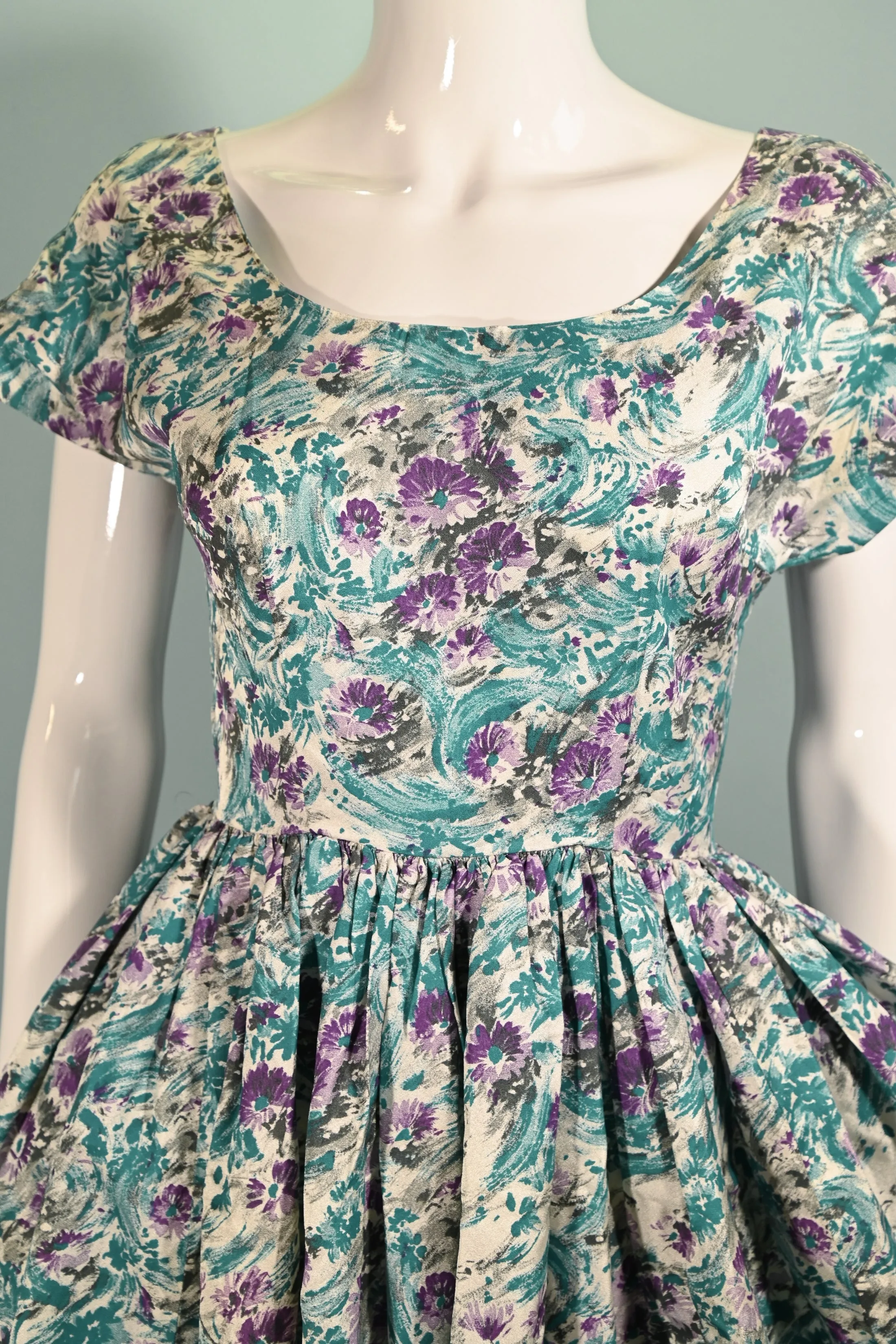 Vintage 50s Teal Purple Floral Dress, Fit and Flare Fitted 26" Waist