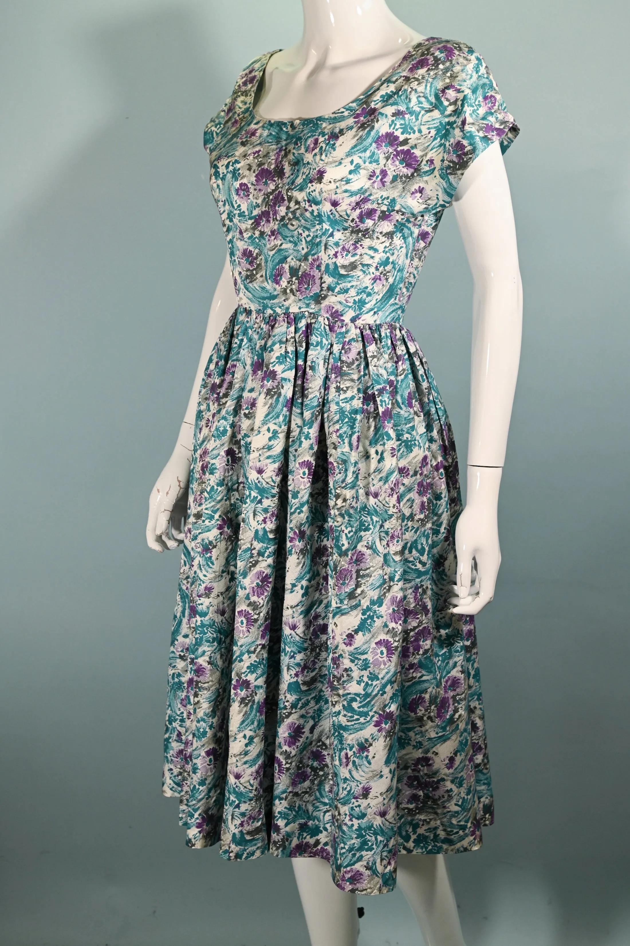 Vintage 50s Teal Purple Floral Dress, Fit and Flare Fitted 26" Waist