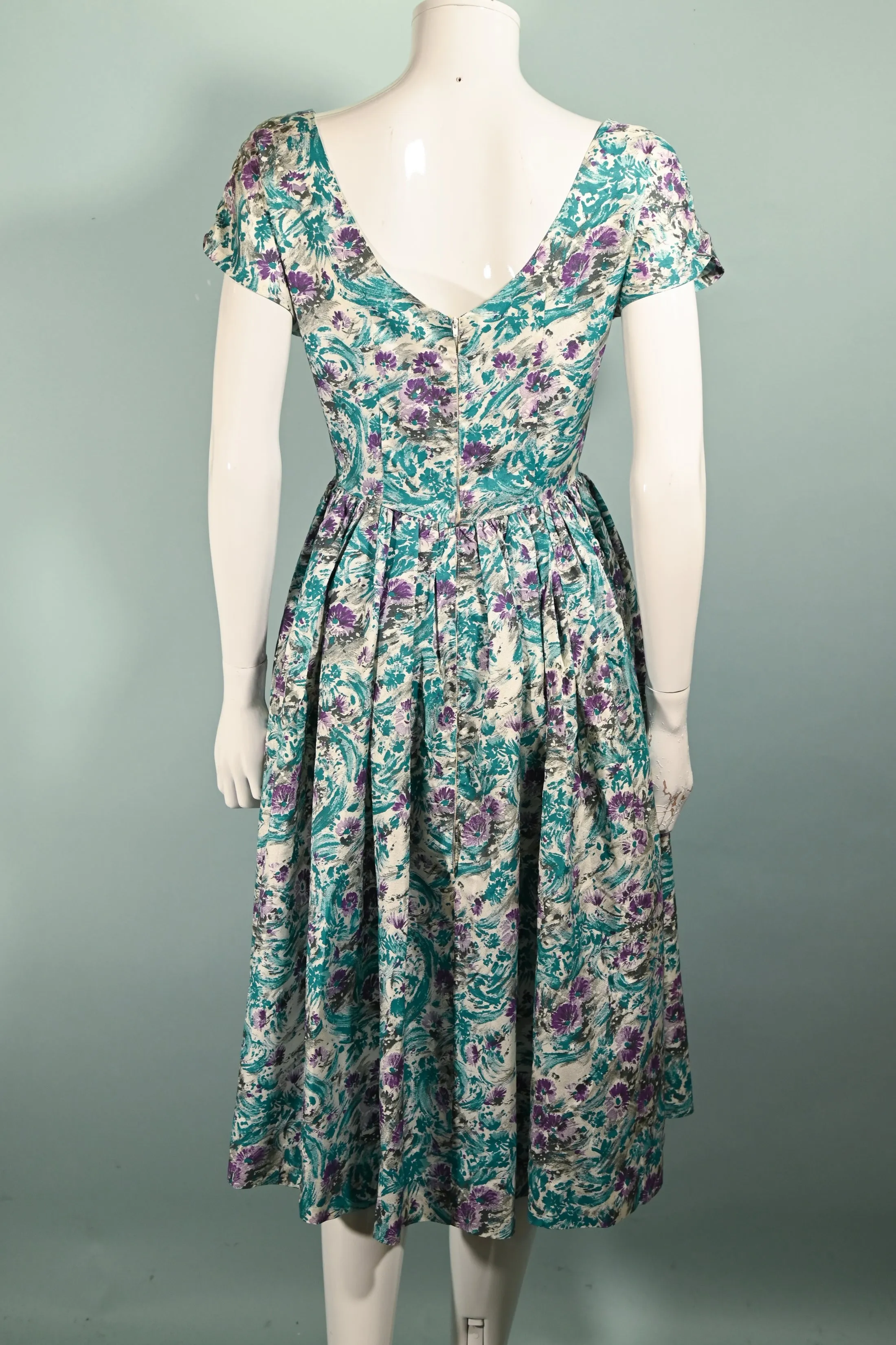 Vintage 50s Teal Purple Floral Dress, Fit and Flare Fitted 26" Waist