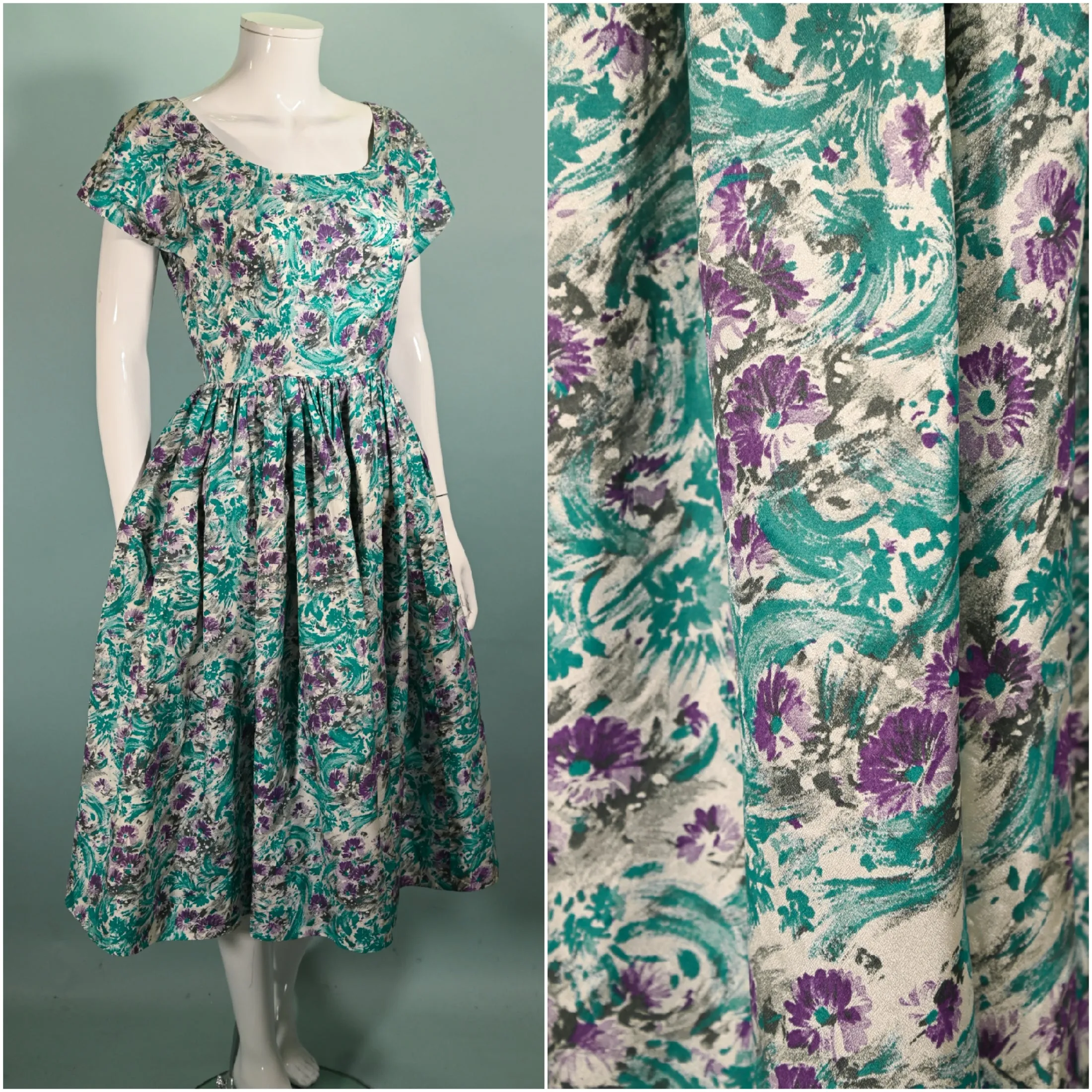 Vintage 50s Teal Purple Floral Dress, Fit and Flare Fitted 26" Waist