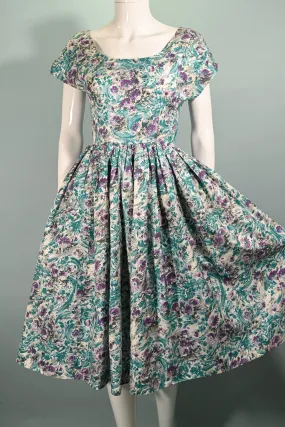 Vintage 50s Teal Purple Floral Dress, Fit and Flare Fitted 26" Waist