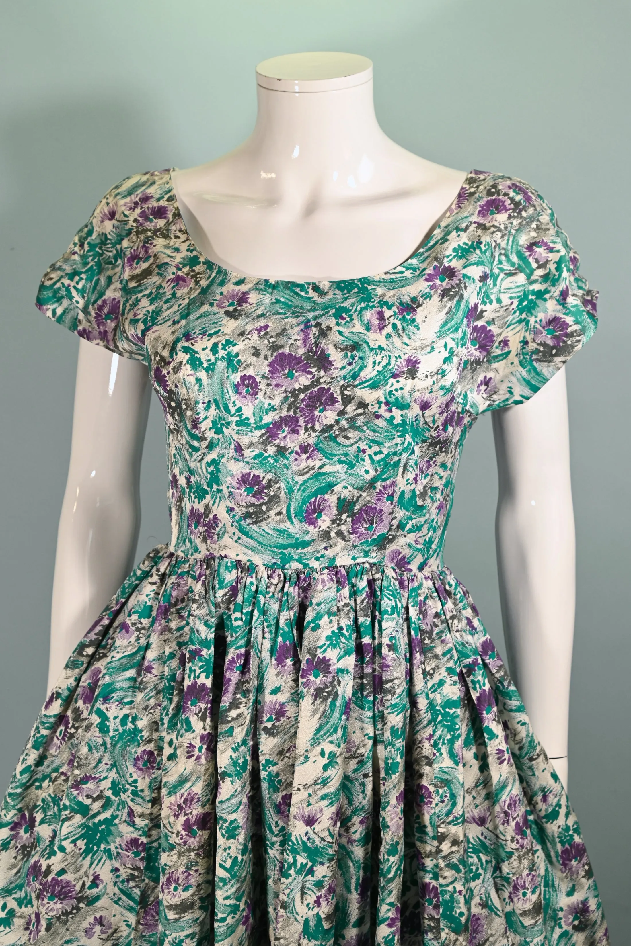 Vintage 50s Teal Purple Floral Dress, Fit and Flare Fitted 26" Waist