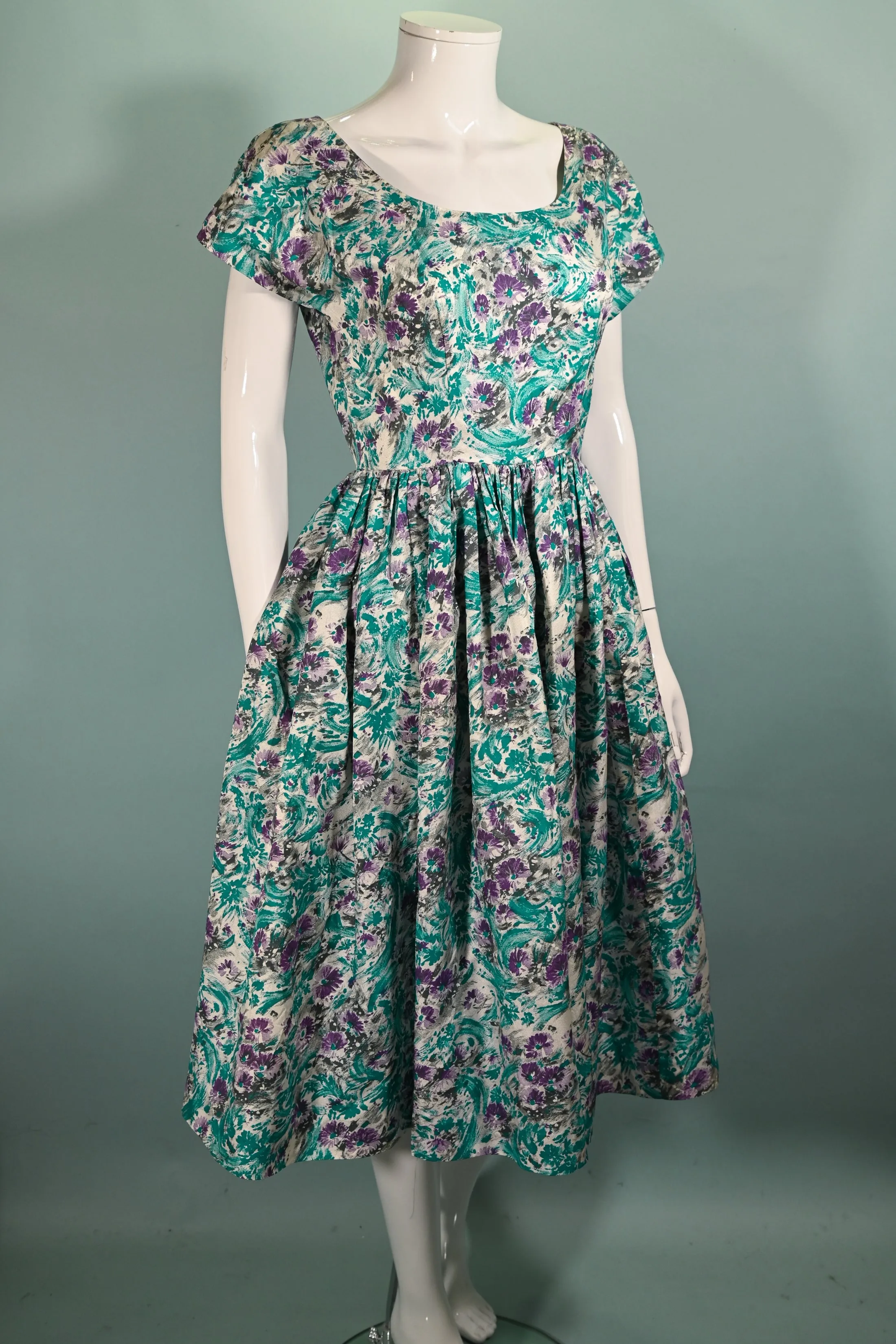 Vintage 50s Teal Purple Floral Dress, Fit and Flare Fitted 26" Waist