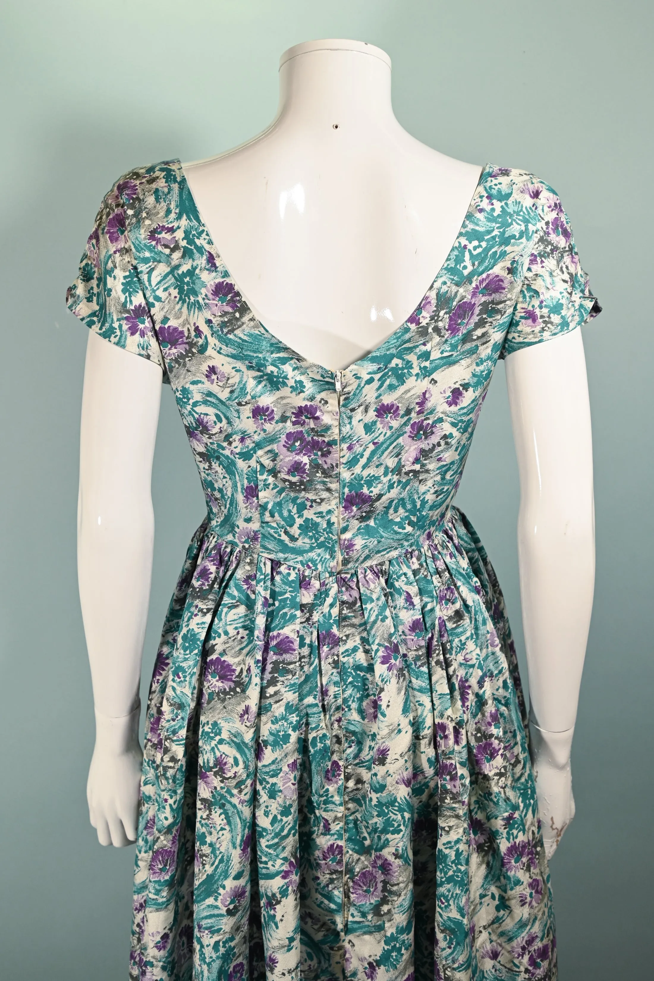 Vintage 50s Teal Purple Floral Dress, Fit and Flare Fitted 26" Waist