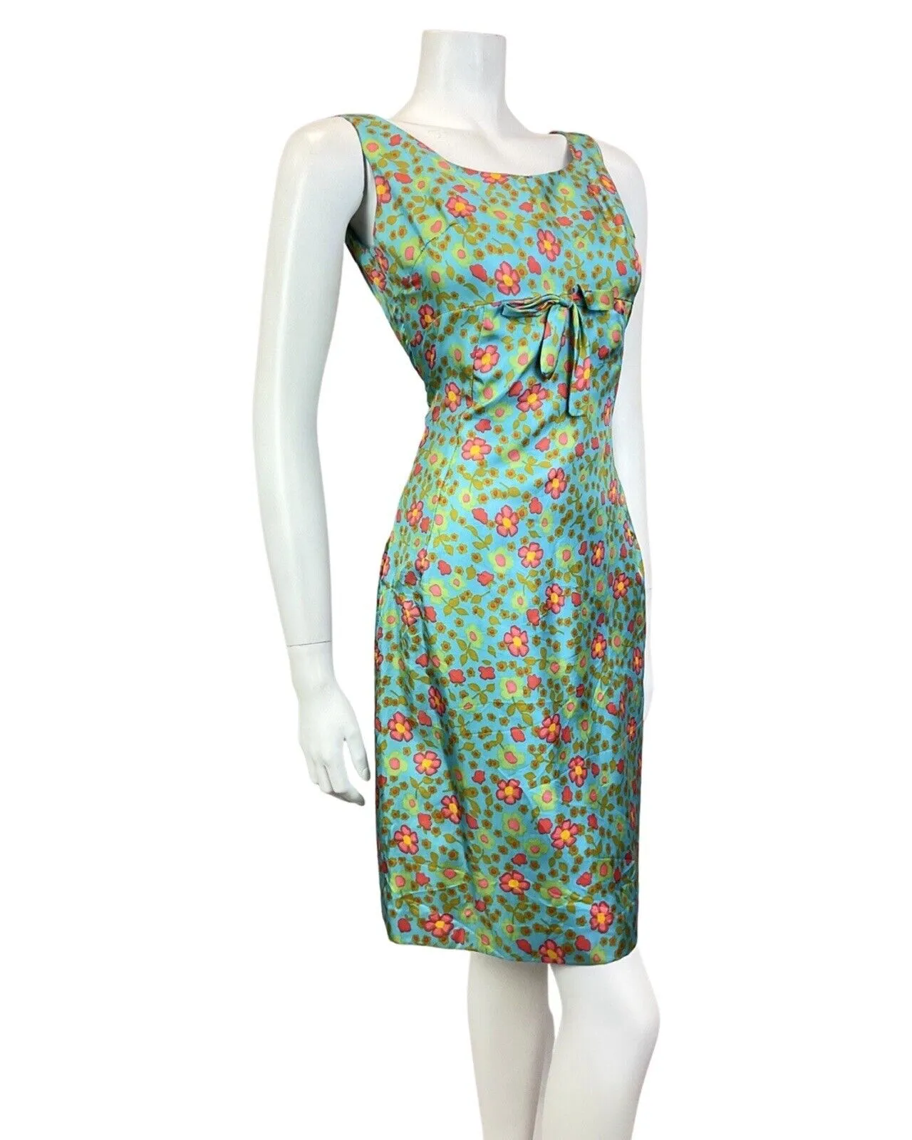 VINTAGE 60s 70s BLUE GREEN GOLD RED FLORAL DAISY EMPIRE-LINE SUMMER SUN DRESS 8