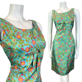 VINTAGE 60s 70s BLUE GREEN GOLD RED FLORAL DAISY EMPIRE-LINE SUMMER SUN DRESS 8