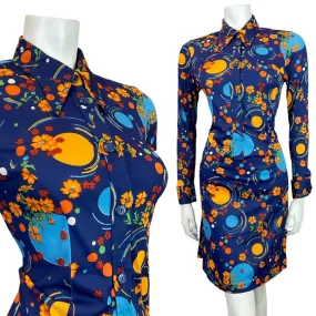 VINTAGE 60s 70s BLUE ORANGE PSYCHEDELIC DOTTY FLORAL MOD DAGGER SHIRT DRESS 8