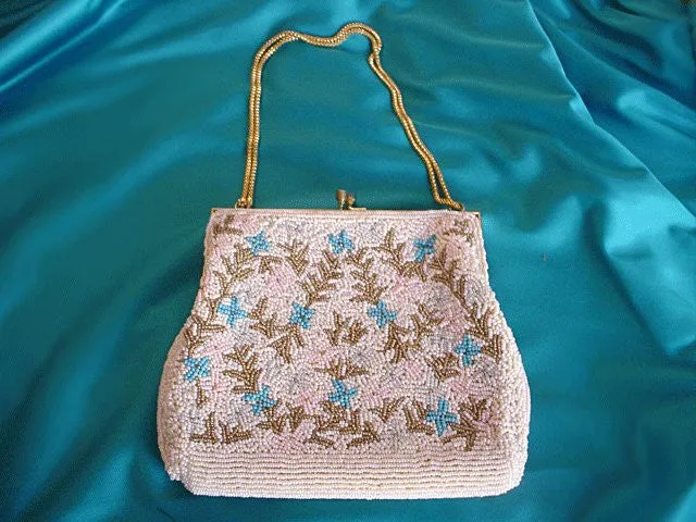 *VINTAGE DELILL HAND MADE HONG KONG EVENING BAG - BRONZE, TURQUOISE, PINK, AQUA & WHITE  FLORAL & LEAF DESIGN - FROM MY PERSONAL COLLECTION