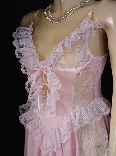 *VINTAGE ROMANTIC FAIRYTALE “TREASURE” BY FARIS LACE RUFFLE GRAND SWEEP BUSTIER-LOOK NIGHTGOWN IN BREATHTAKING PINK